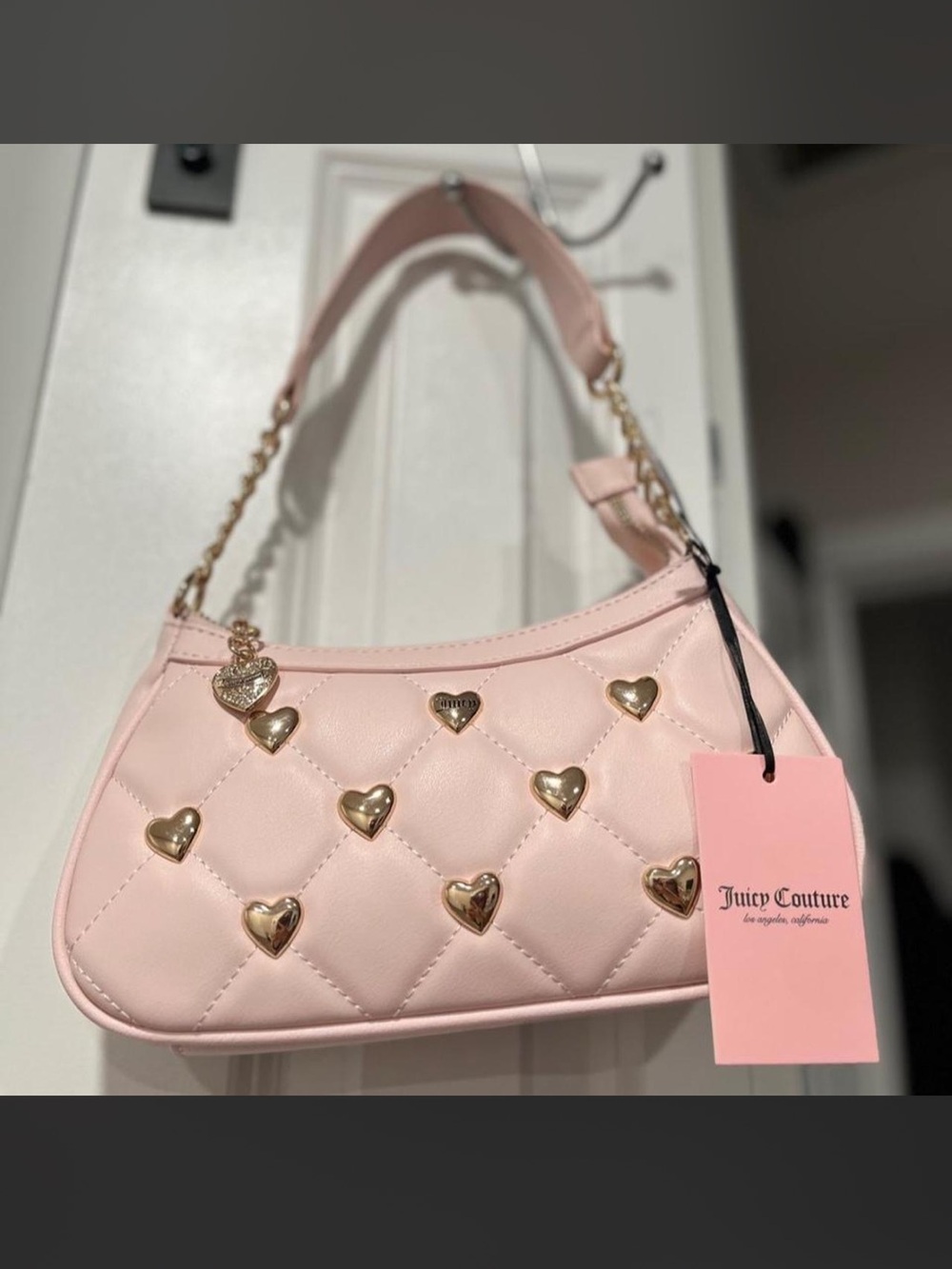 Juicy Couture Light Pink Quilted Shoulder Bag with Gold Heart Studs